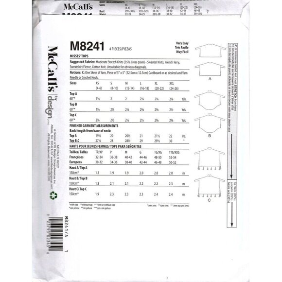 McCall's M8241 Misses XS to XXL Tops and Ponchos Uncut Sewing Pattern - Picture 2 of 2